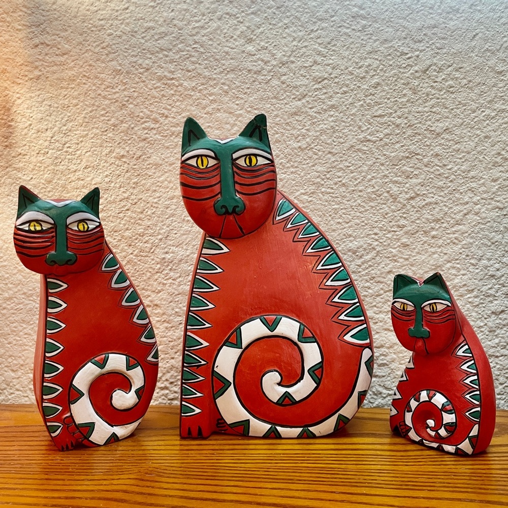 Vintage Folk Art Wooden Hand Painted Cat Figures Set of 3 Pieces